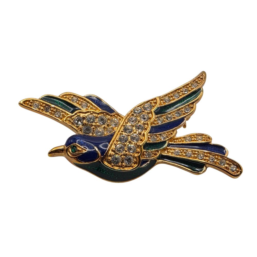 Vintage Roman Signed Enamel Rhinestone Bird Brooch Blue Green Gold Tone Pin